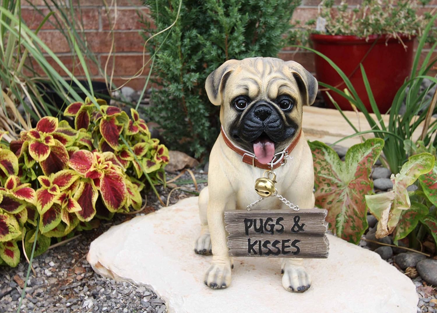 Adorable Pug Dog Garden Greeter Statue with Jingle Collar 11.25