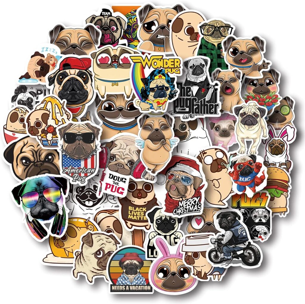 Cute Pug Stickers, 50 Pcs Dog Stickers Pack