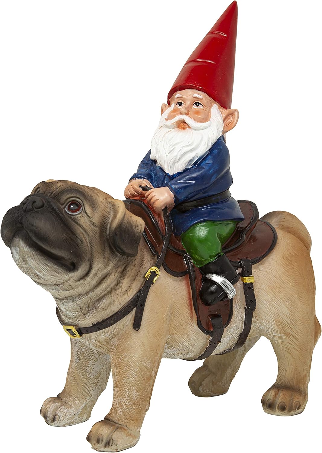 Gnome Riding a Pug Sculpture for Patio