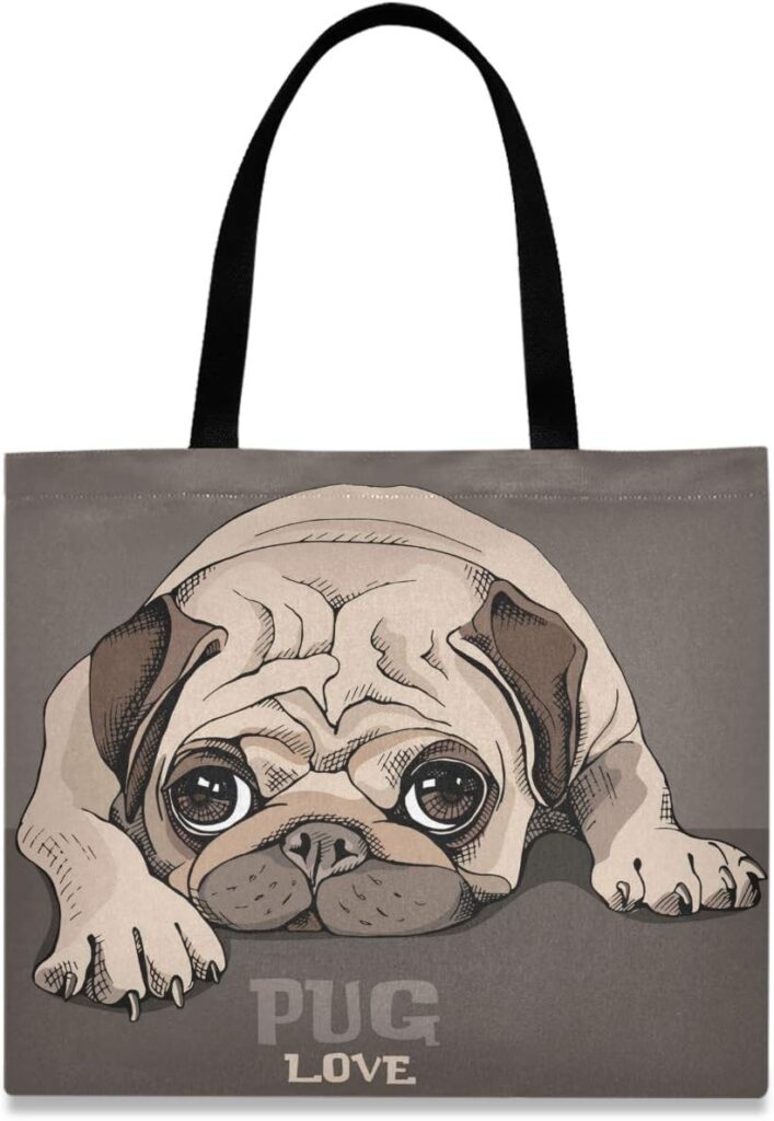 Large Canvas Tote Shoulder Bag with Pug Puppy Cartoon