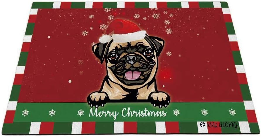 Merry Christmas Pug in Santa Hat Doormat