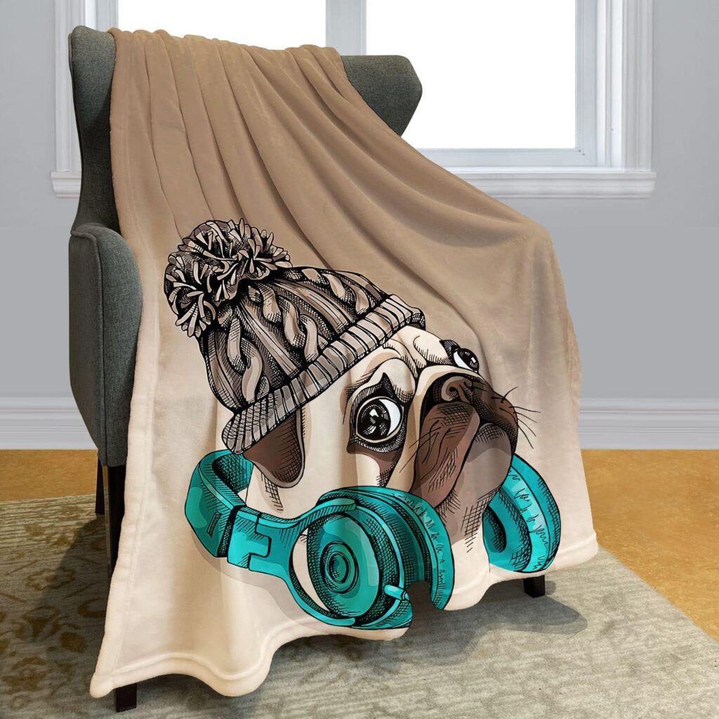 Pug Throw Blanket Funny Dog Listening to Music Fleece Blanket