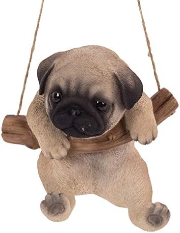 Realistic Pug Puppy Hanging from Branch Rope Hanger Statue