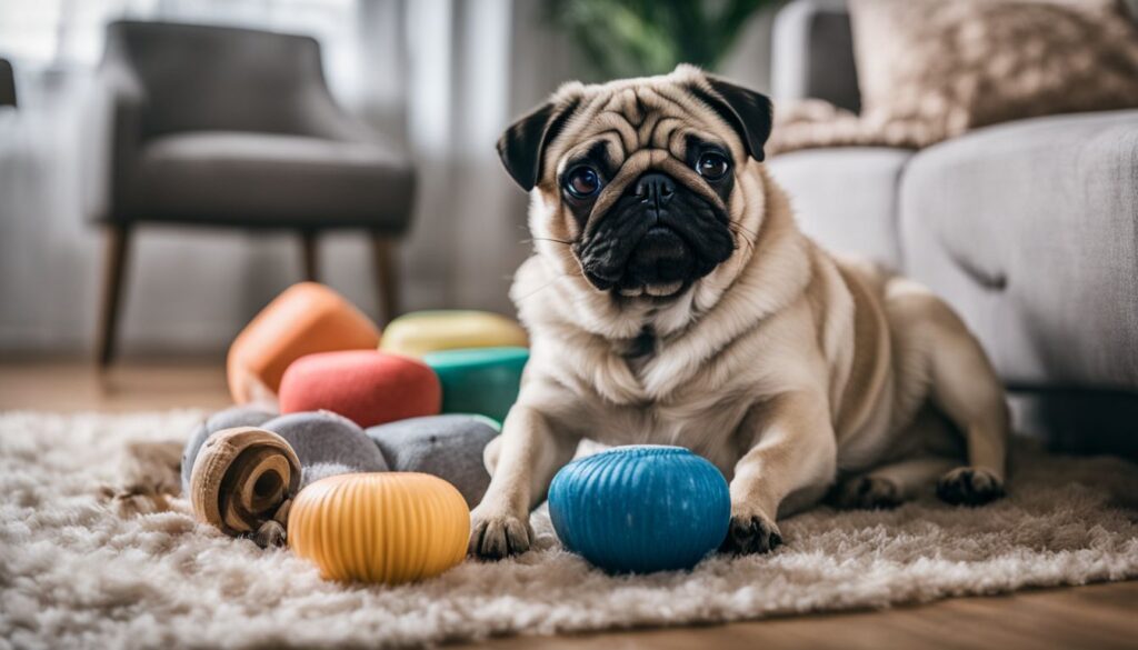 Do Pugs Bite - A pug peacefully sitting among chew toys in a cozy living room.