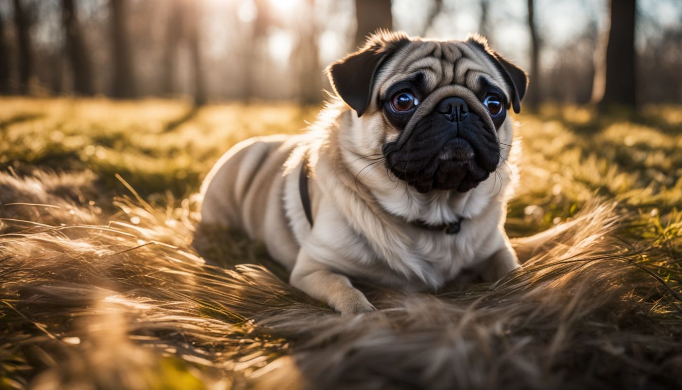 Do Black Pugs Shed? A pug sitting in a sunny park surrounded by fallen fur.