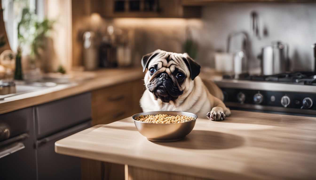 Can Pugs Eat Pedigree? A pug enjoying a bowl of Pedigree Dog Food in a cozy home kitchen.