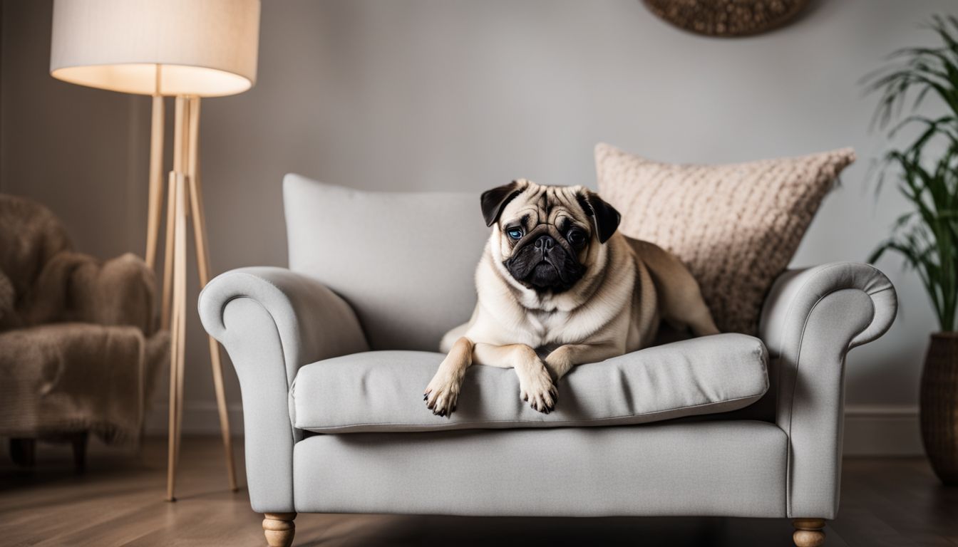 Can Pugs Jump On The Bed? A pug attempting to jump onto a cozy armchair in a stylish living room.