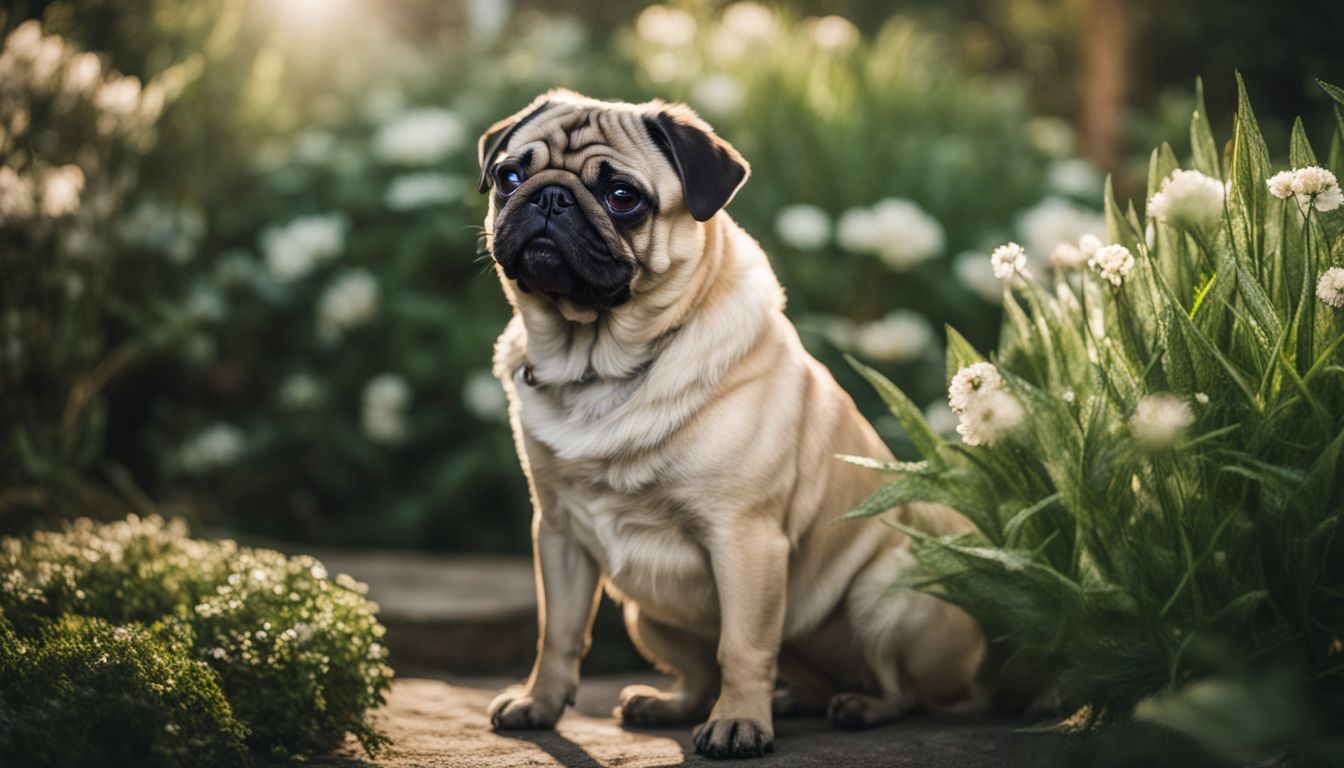 Dogs That Look Like Pugs: A pug with expressive eyes in a lush garden.