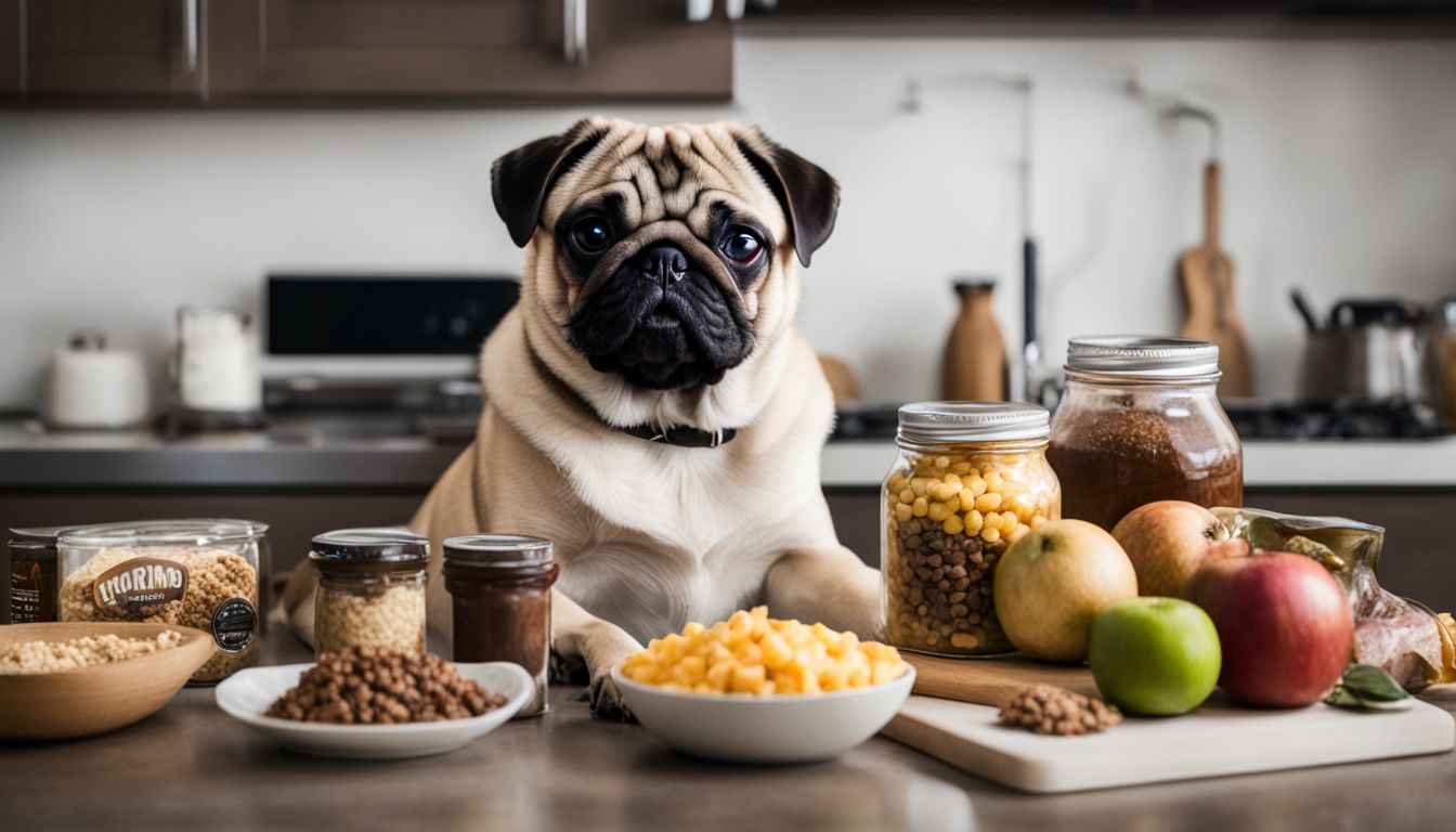 What do pugs eat? A pug surrounded by toxic foods on a kitchen counter.