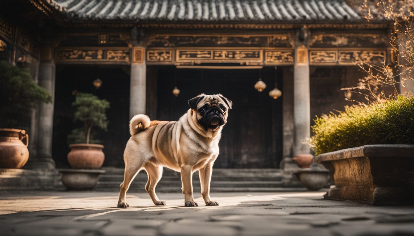 Are Brindle Pugs Rare? A brindle pug standing in a traditional Chinese courtyard.