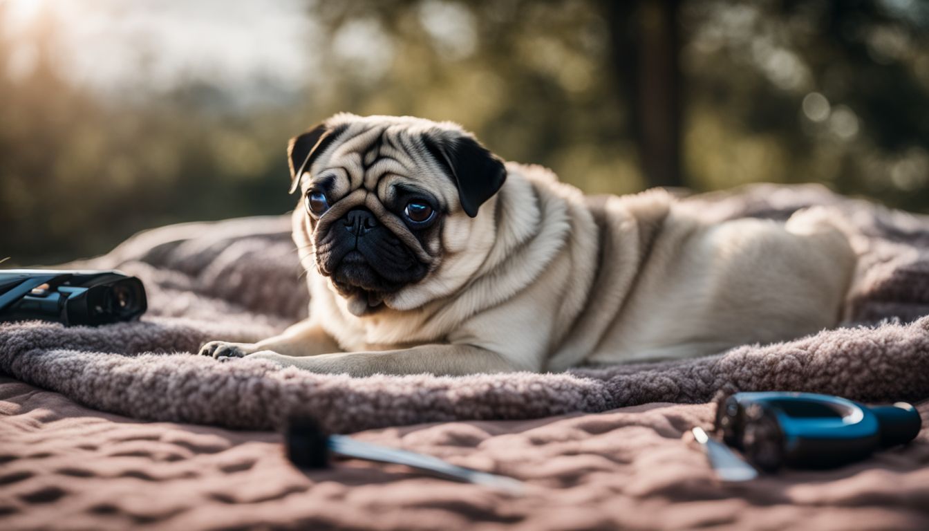 Do Pug Dogs Shed - A pug surrounded by grooming tools on a soft blanket.