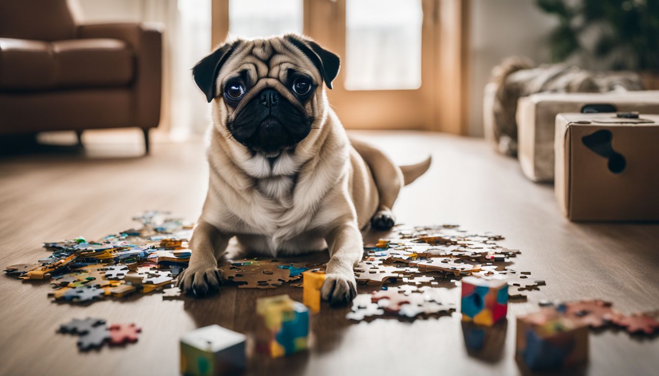 A pug surrounded by puzzle toys and treats in a bright room.