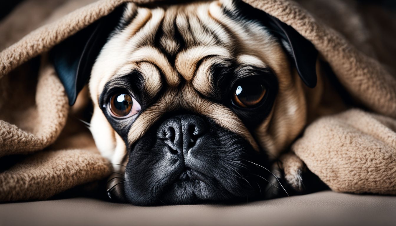 Are Pugs Protective? A close-up photo of a wrinkled pug's face surrounded by blankets.