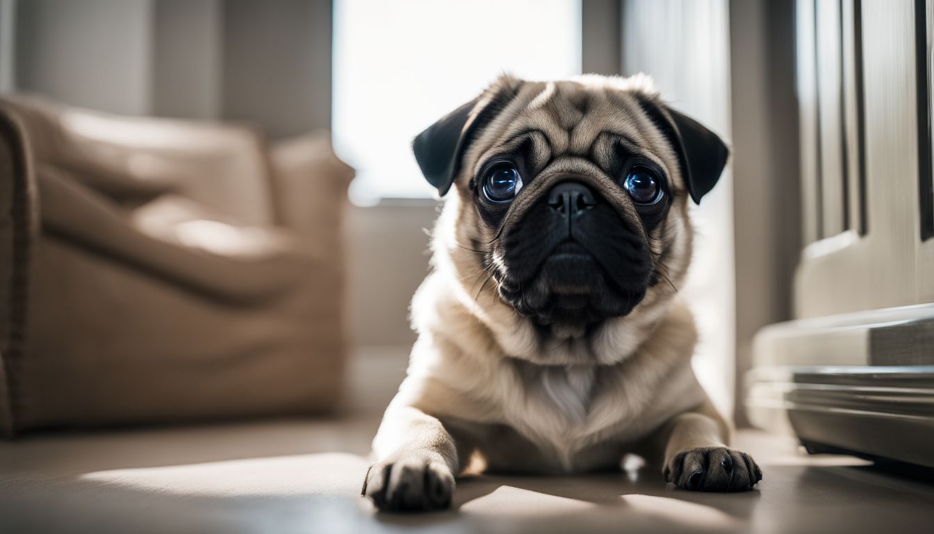 Pug Training Tips. A pug puppy sitting in a well-organized and puppy-proofed home.