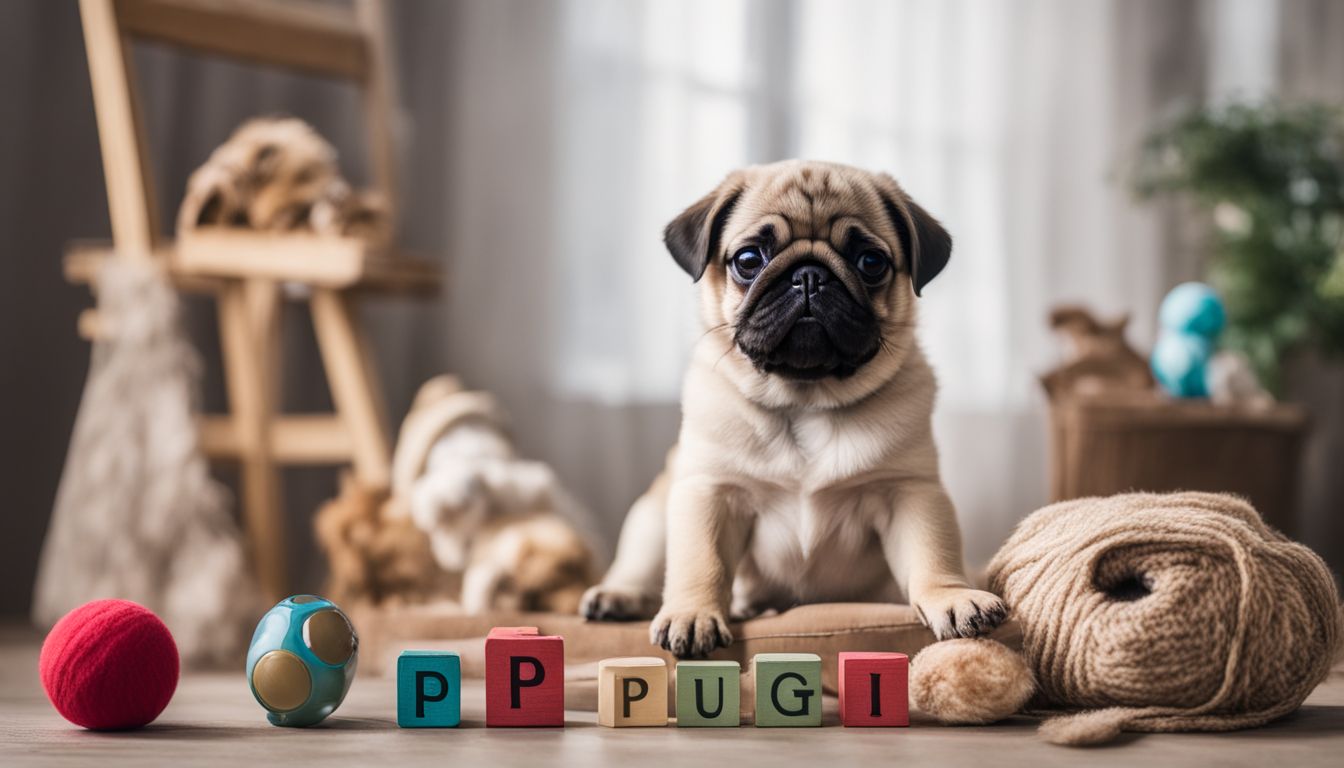 A pug puppy sitting next to a growth chart and surrounded by toys.