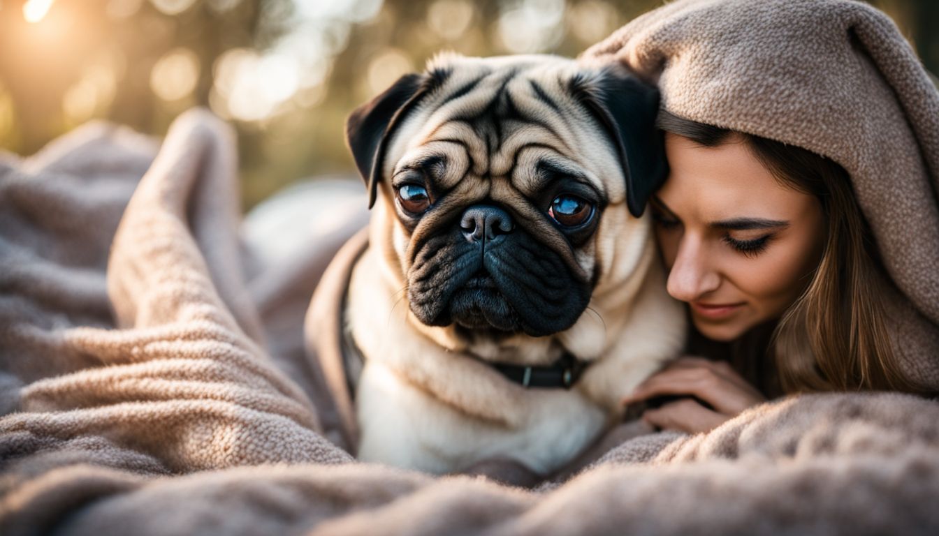 Are Pugs Affectionate? A pug nuzzles against its owner's cheek surrounded by cozy blankets.