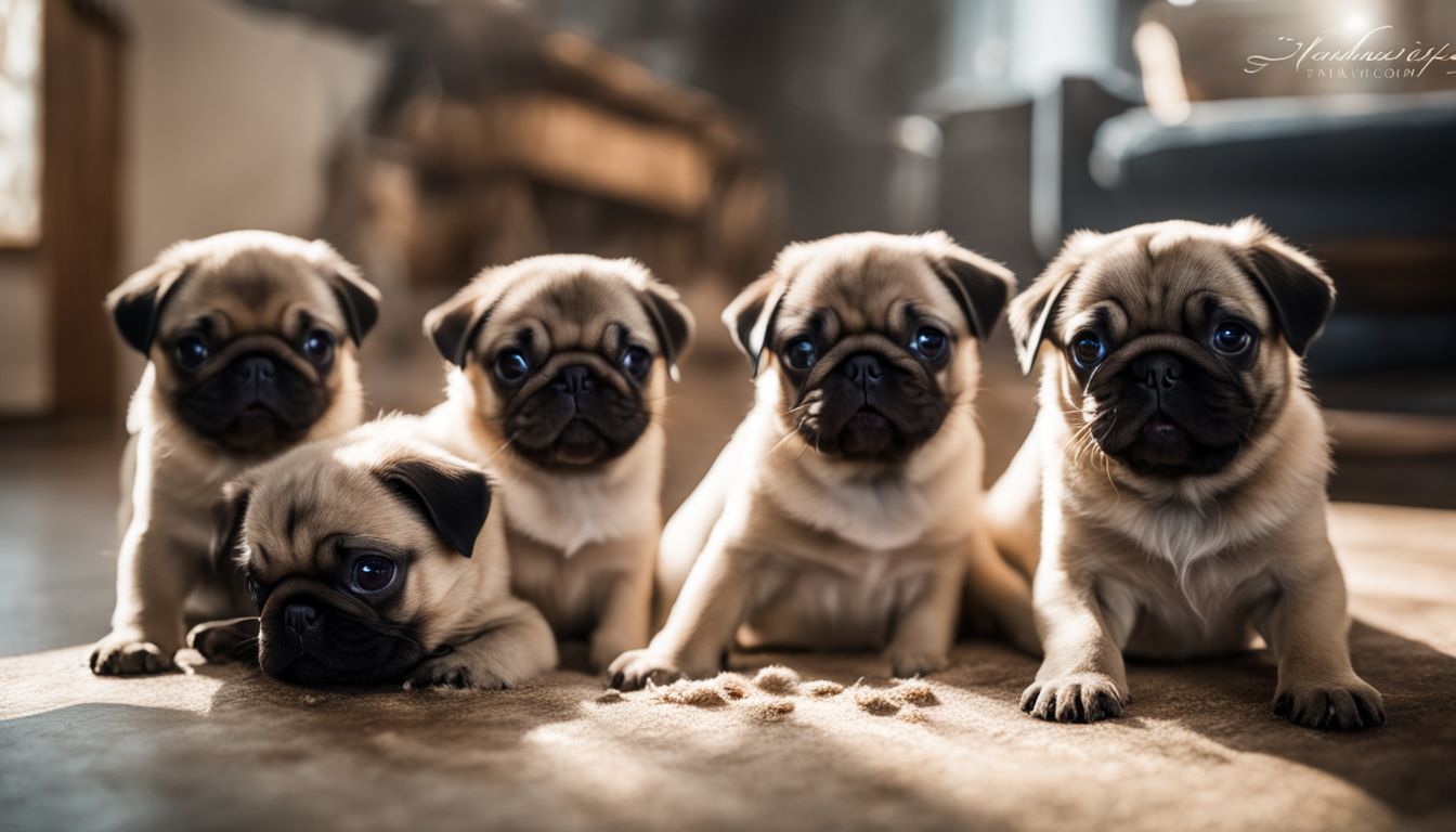 Pug Breeding Tips. A healthy litter of pug puppies playing in a spacious indoor environment.