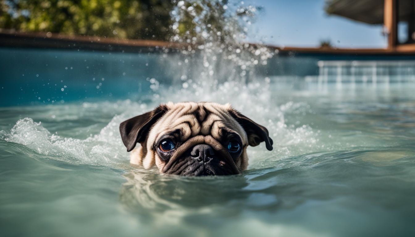 Can a Pug Swim - A pug struggling to swim in a pool while onlookers watch.