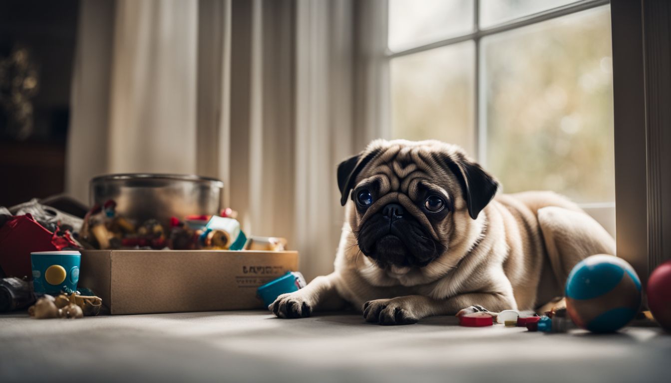 A pug sitting surrounded by toys and empty food bowls.