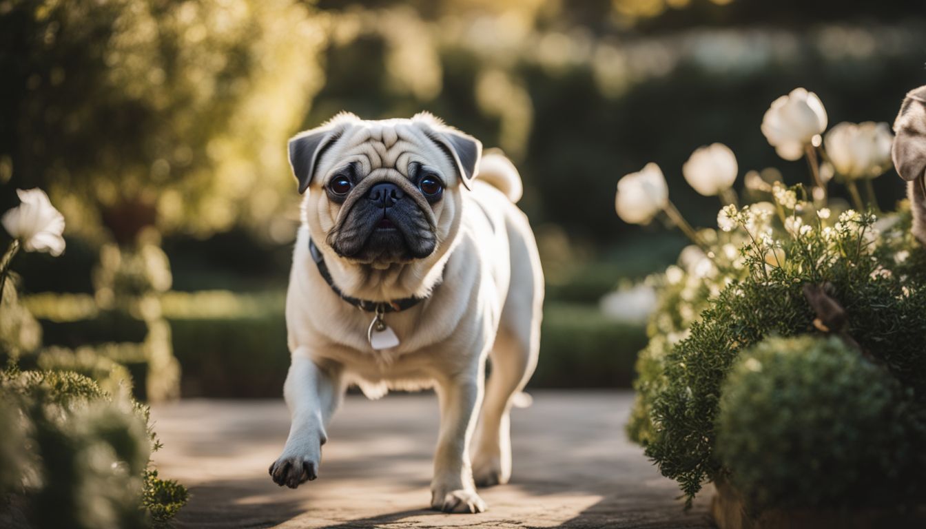 Are White Pugs Rare? A white pug strolls through an elegant garden setting, portraying different styles.