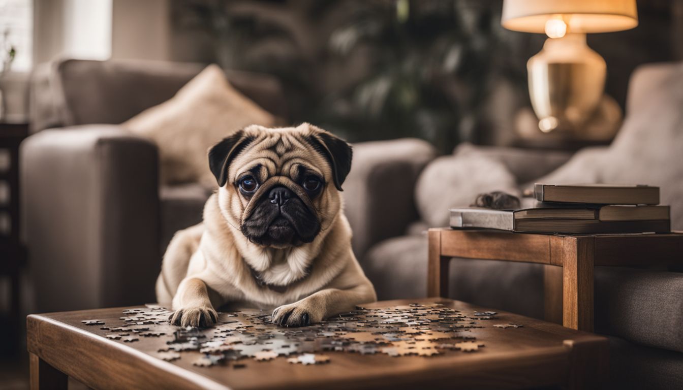 Are Pugs Smart? A pug solves a puzzle in a cozy living room.