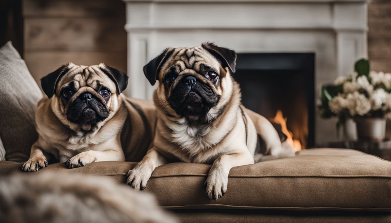 Are Pugs Affectionate?Two pugs cuddled up on a cozy couch by a fireplace.