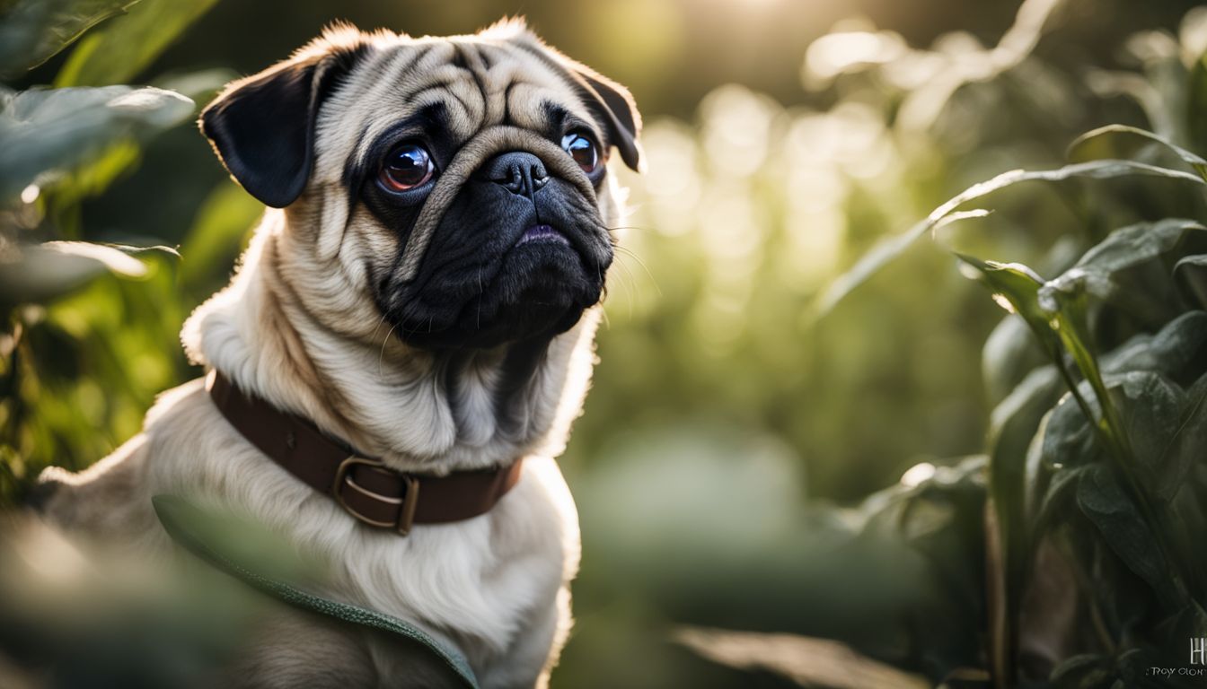 Are Pugs Protective? A pug gazes thoughtfully at the horizon in a lush garden.