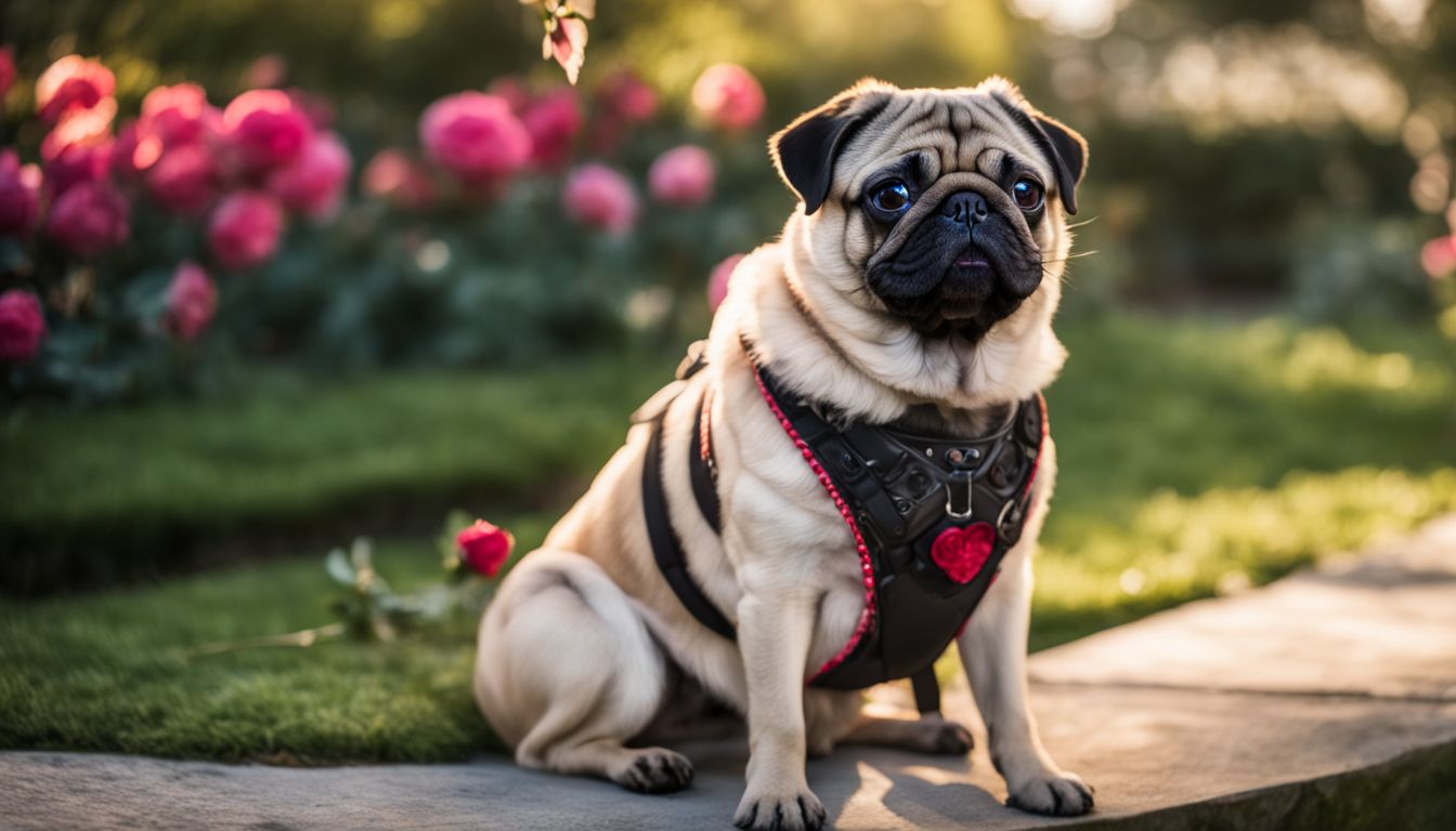 How To Clean A Pugs Ears. A pug with rose ears sitting in a sunlit garden, captured in high definition.