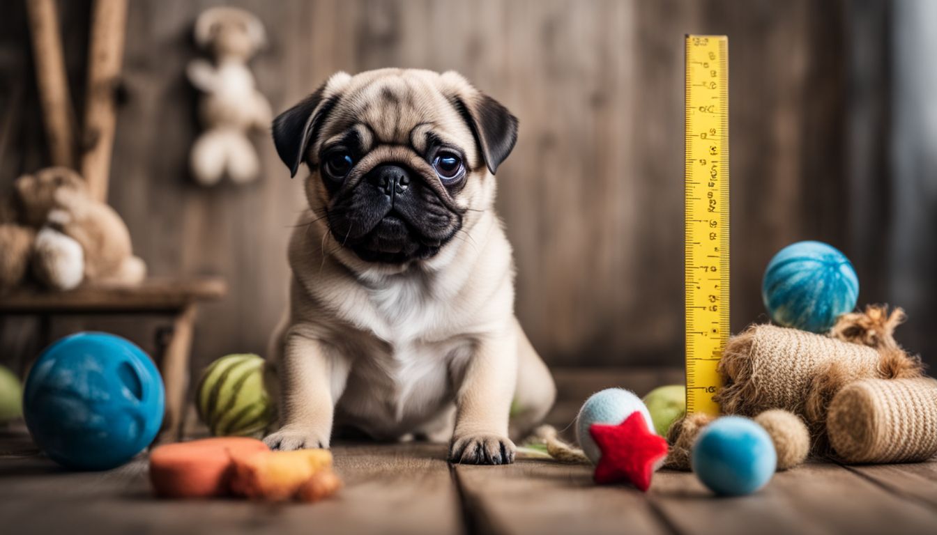 Are All Pugs Fat? A cute pug puppy standing next to a growth chart and surrounded by dog toys.