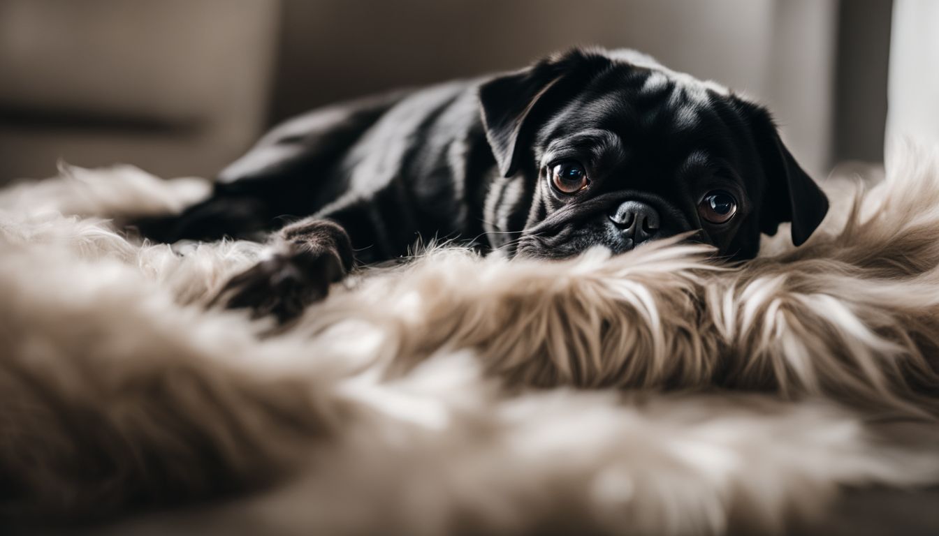 Do Black Pugs Shed? A black pug surrounded by its shed fur in a bright room.