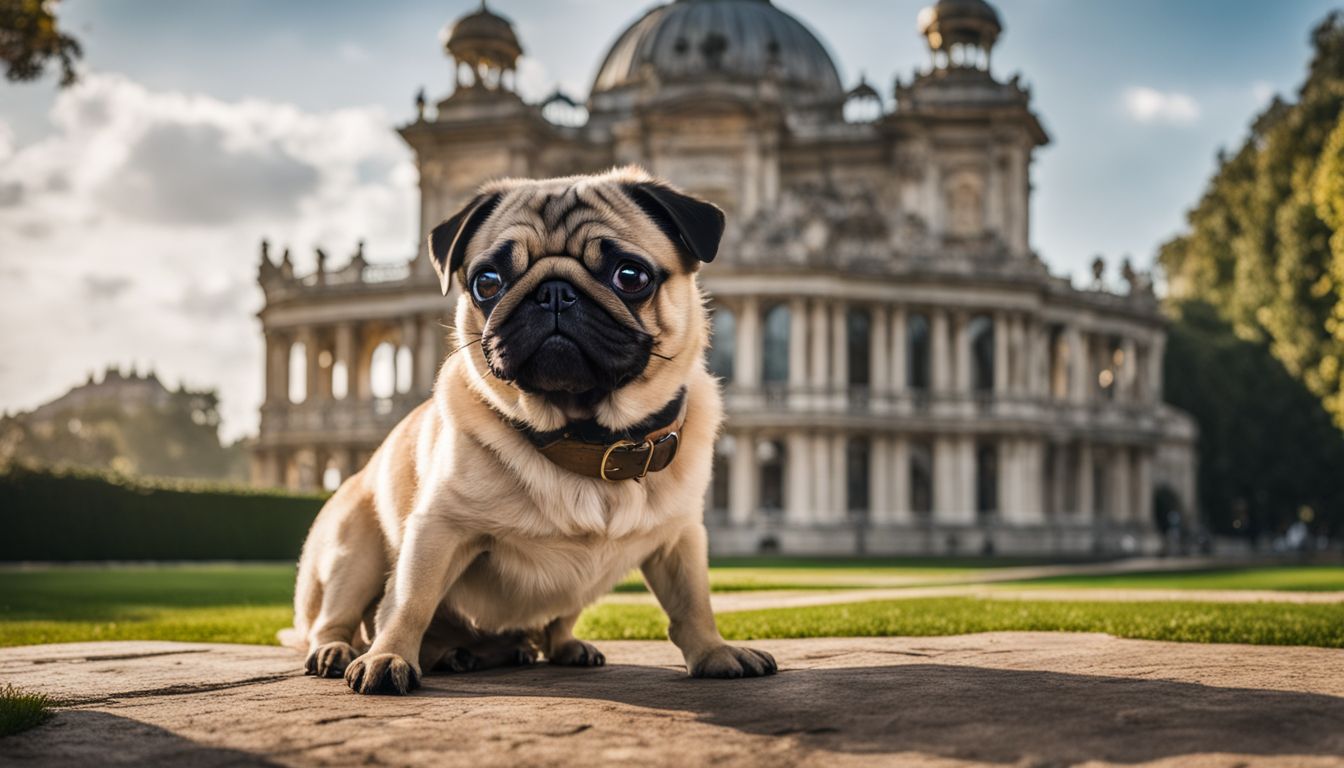 Pug Training Tips.  A pug playing in a royal palace garden with ornate architecture.