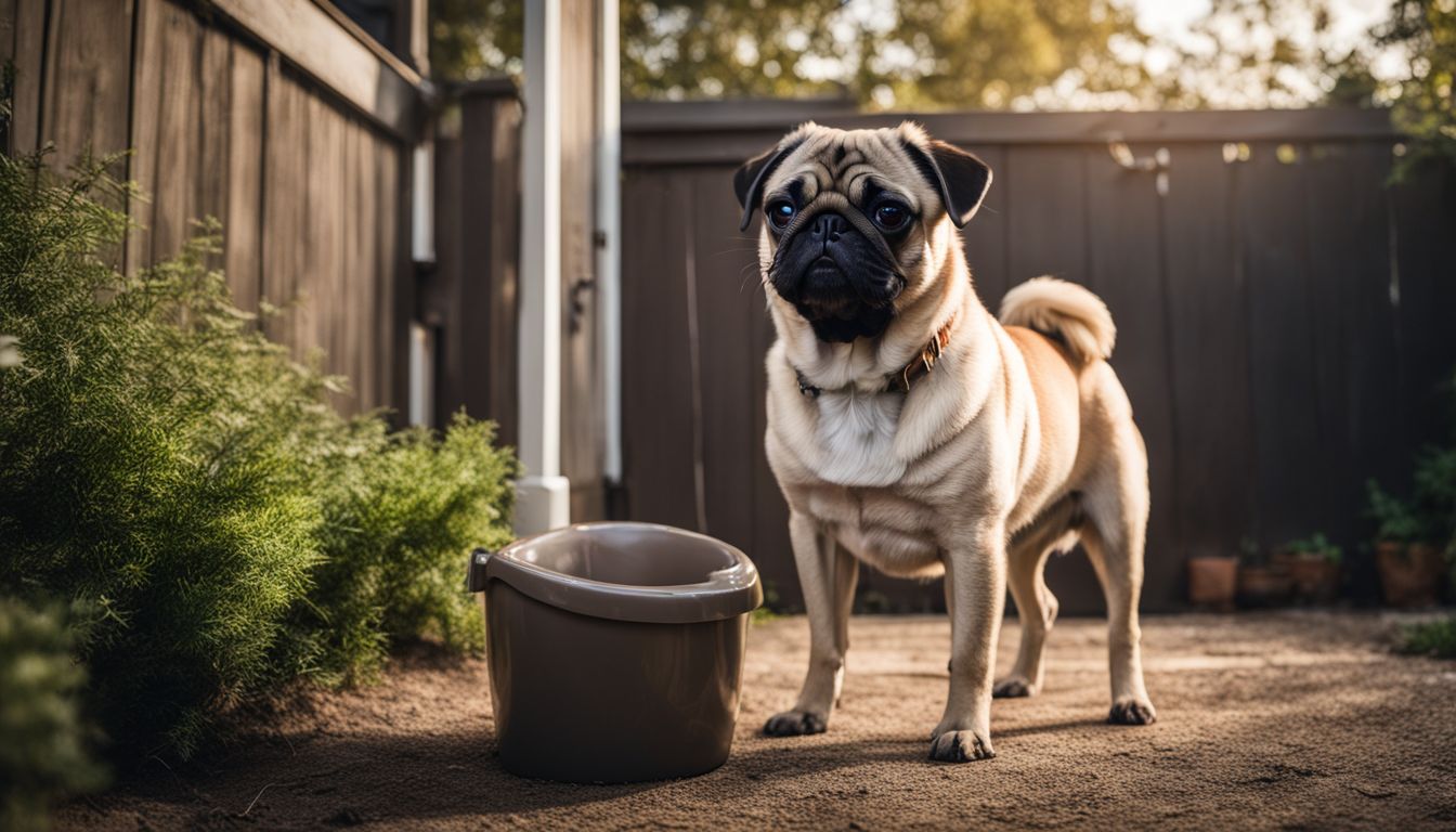 How To Potty Train A Pug: A proud pug next to a successful backyard potty spot.