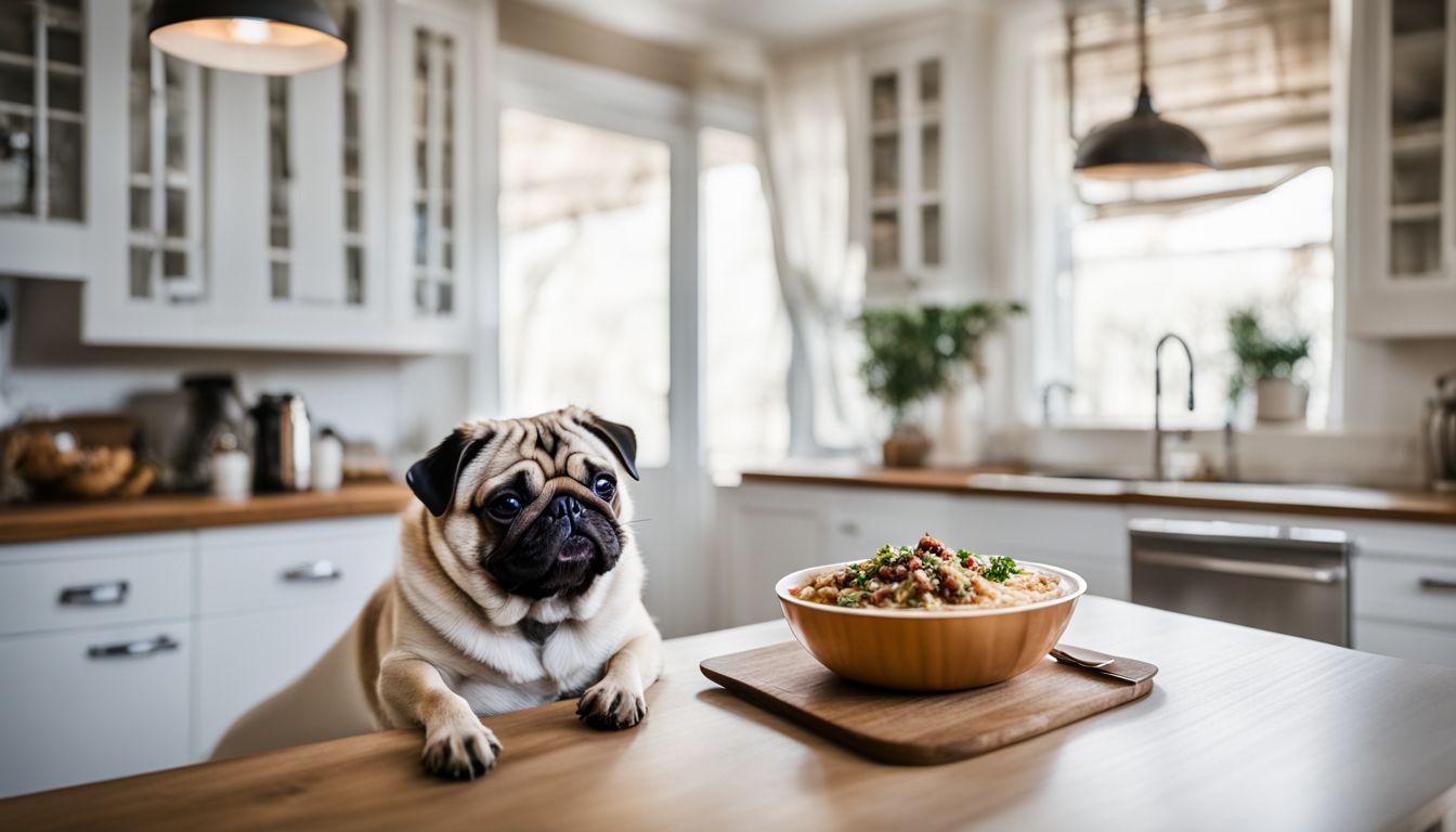 Do Pugs Fart A Lot? A pug enjoying a nutritious meal in a well-lit kitchen.