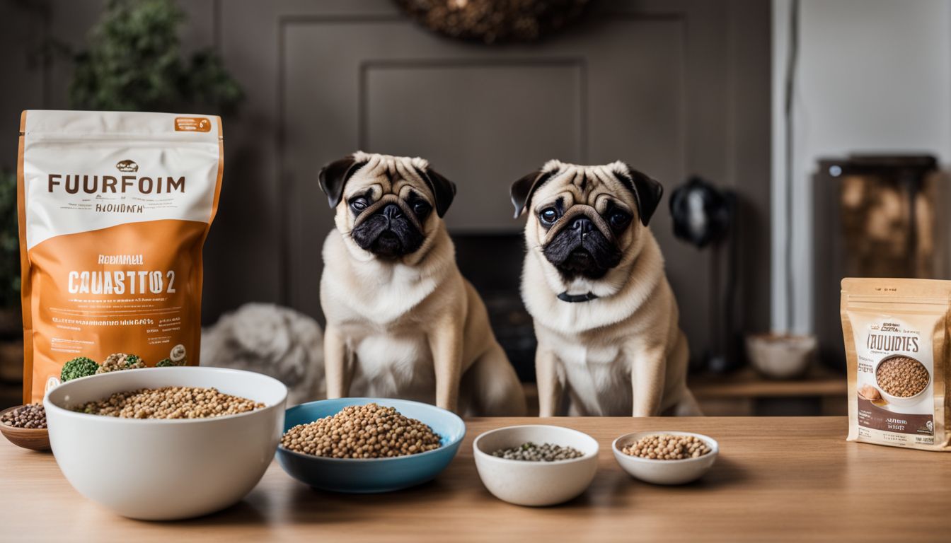 What Do Pugs Eat? A pug sitting next to a bowl of healthy dog food.