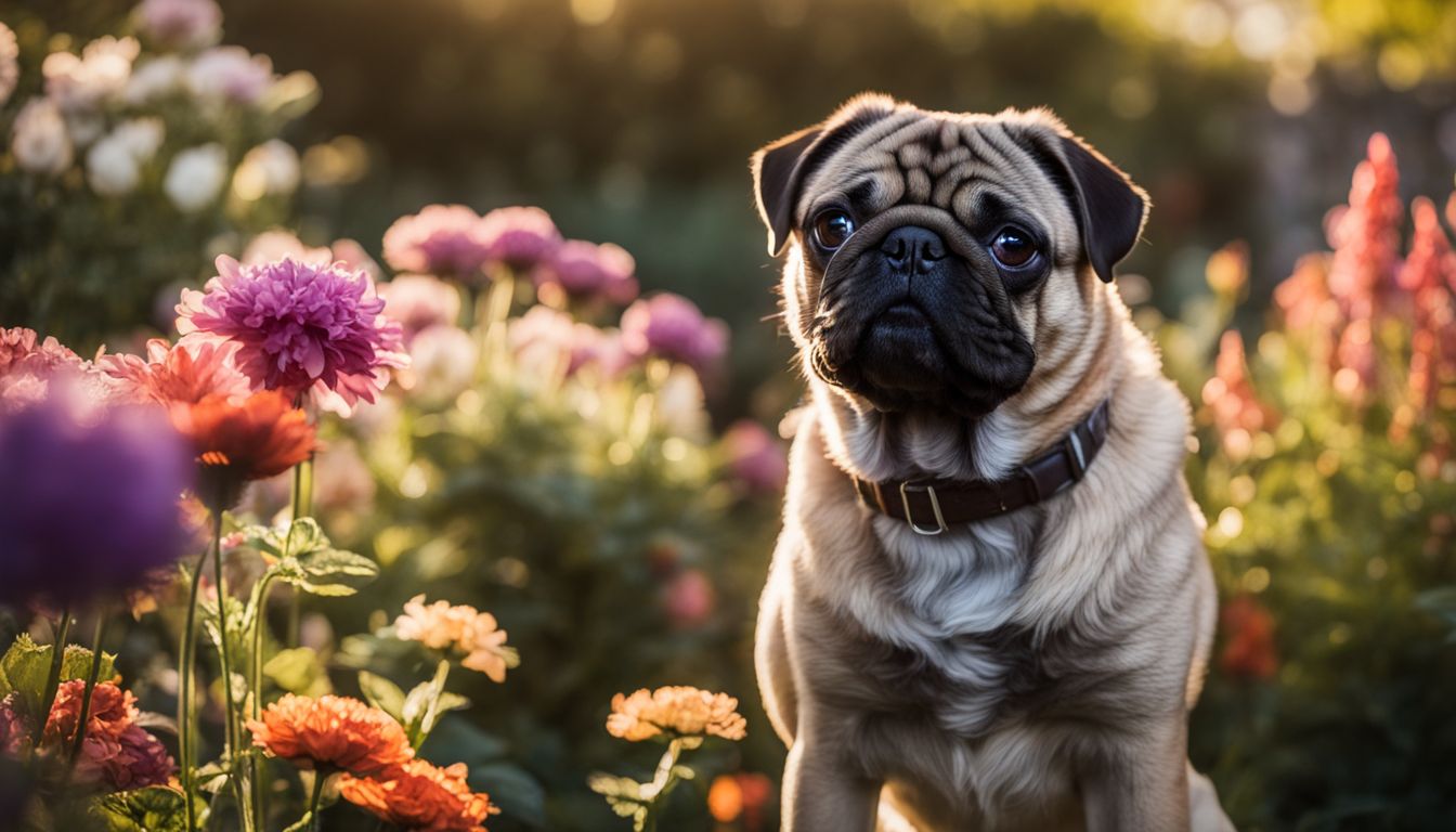 Are Brindle Pugs Rare? A brindle Pug standing in a sunlit garden surrounded by colorful flowers.