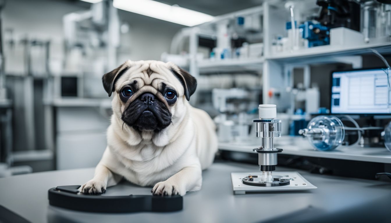 Are White Pugs Rare? A white pug surrounded by genetic testing equipment in a scientific lab.