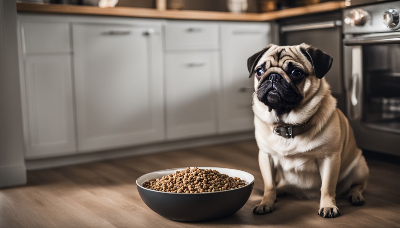 Do Pugs Fart A Lot? A pug sitting next to a bowl of food in a cozy kitchen.