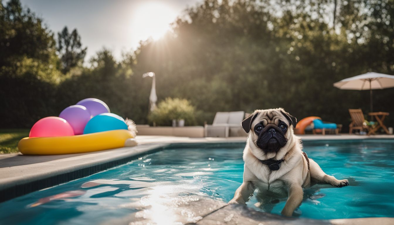Can a Pug Swim - A cautious pug sitting at the edge of a swimming pool.